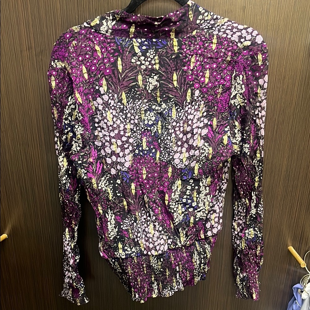 White House Black Market Purple Silver Fitted Graphic Blouse